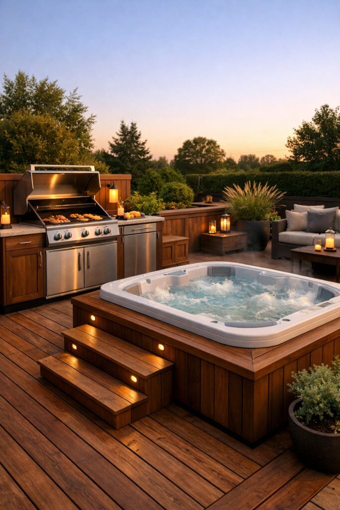 Multi-function deck with grill and hot tub
