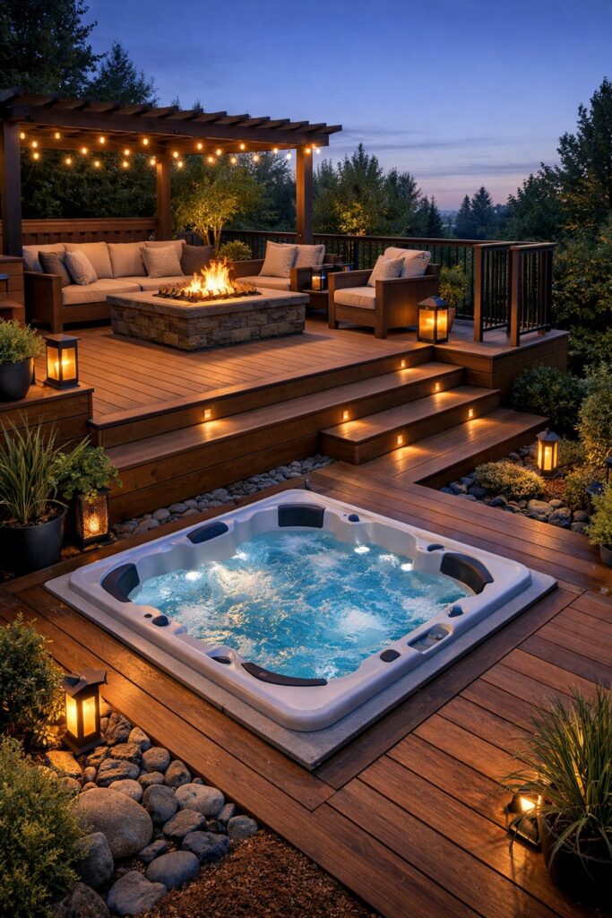 Multi-level deck with fire pit on upper level and hot tub below