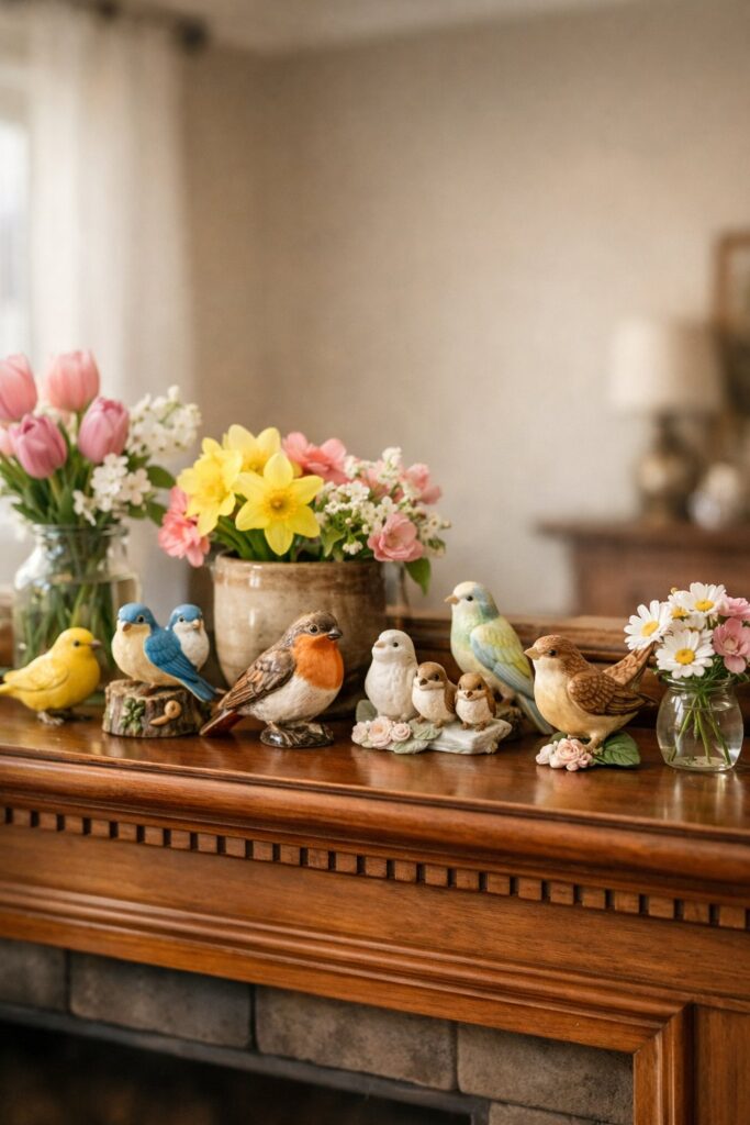 Place vintage ceramic bird figurines on mantels