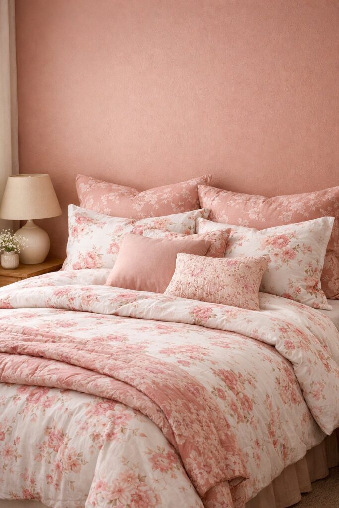 Soft clay-pink walls paired with floral pink bedding
