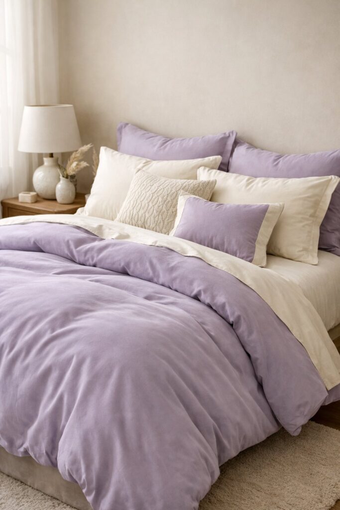 Use lavender bedding with creamy whites