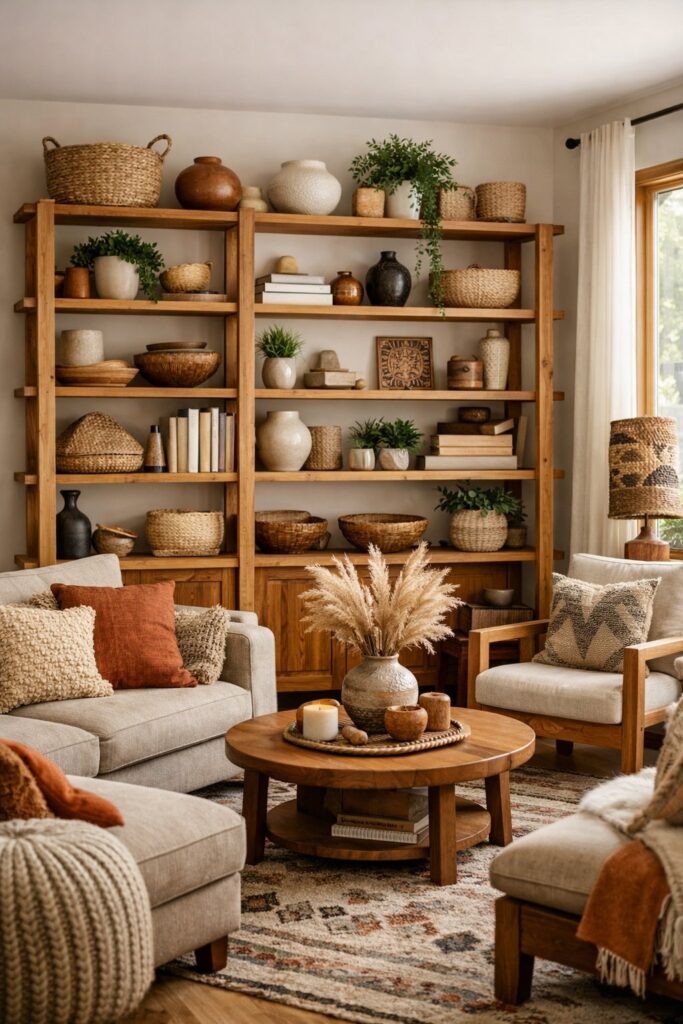 Use natural wood open shelving