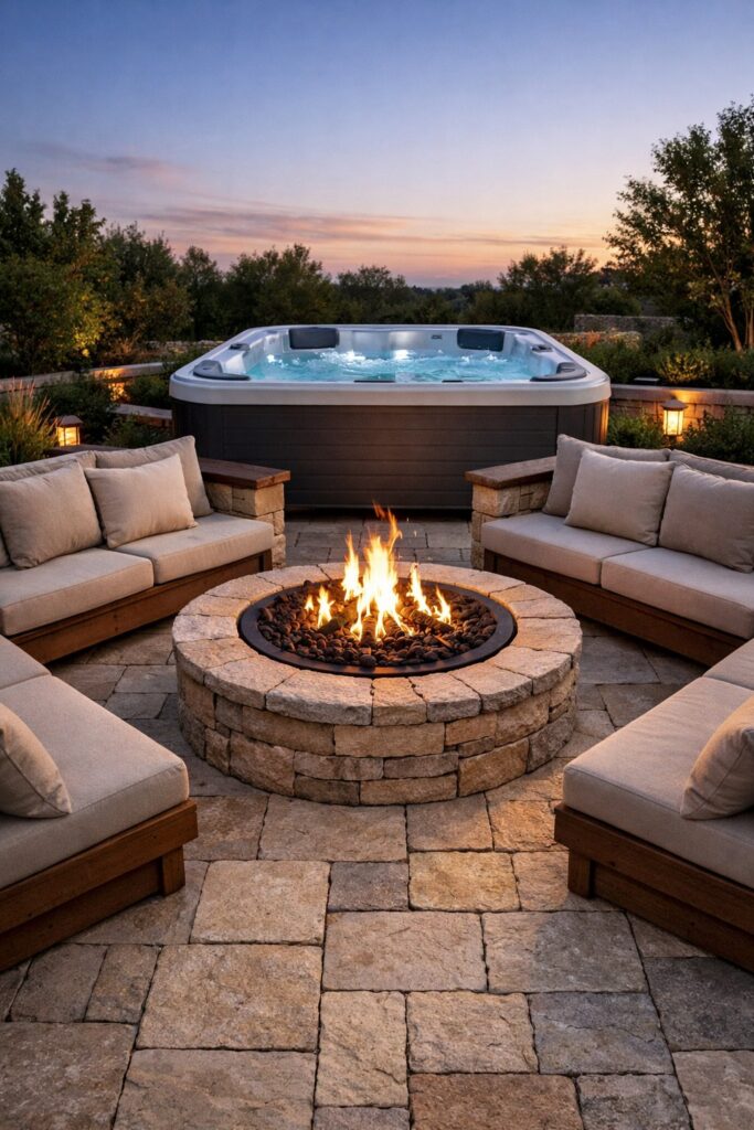 Built-in fire pit with benches facing hot tub on a limestone paver patio