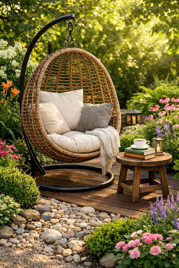 Lauschiger Lesebereich mit Hängesessel