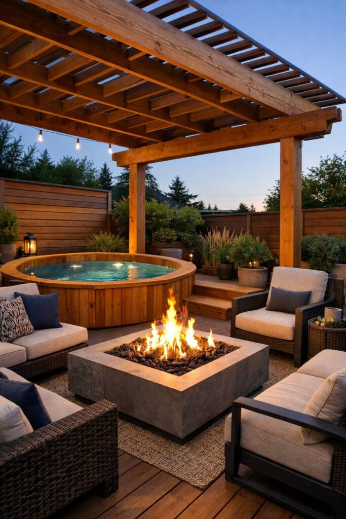 Fire pit fueled by natural gas paired with cedar hot tub and pergola