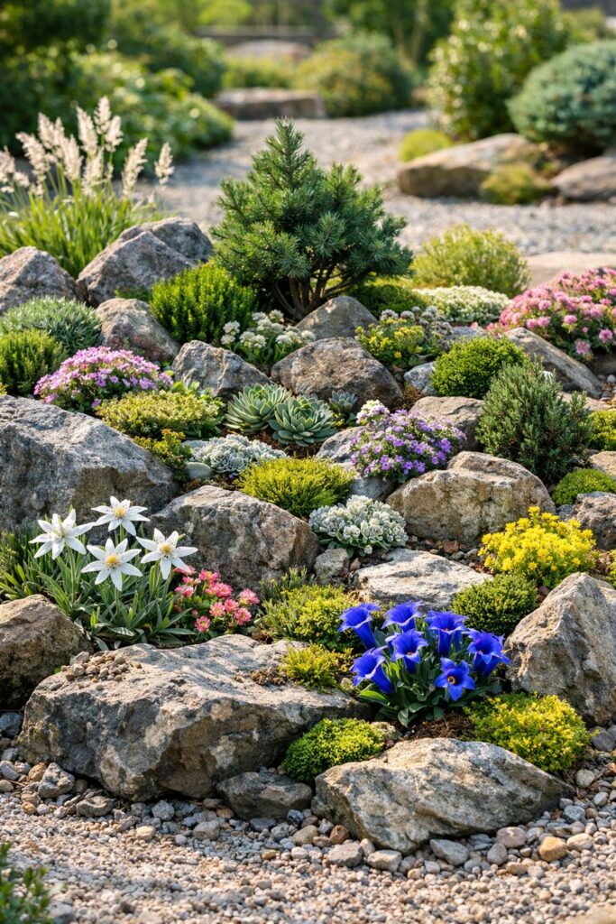 Steingarten mit Alpenpflanzen