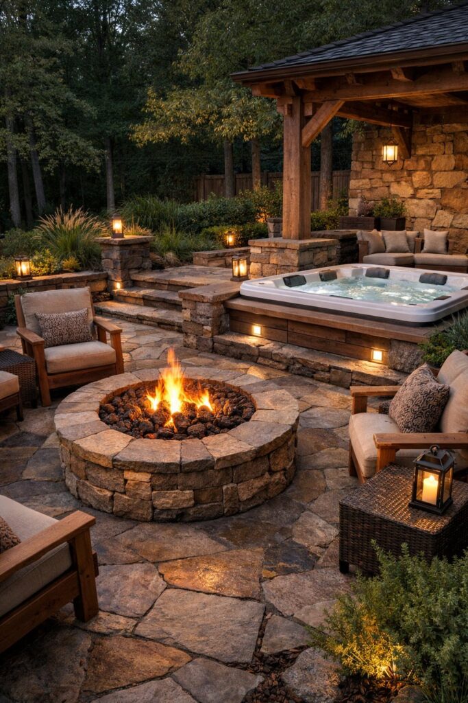 Mix of rustic wood and natural stone around fire pit and hot tub
