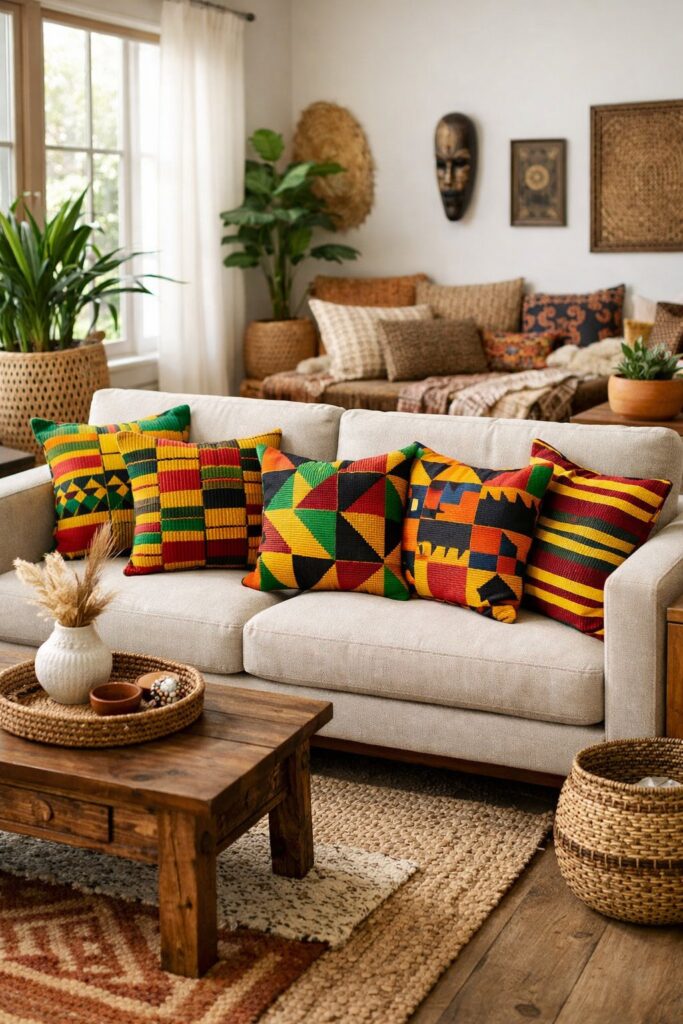 Use handwoven Ghanaian Kente cloth pillows