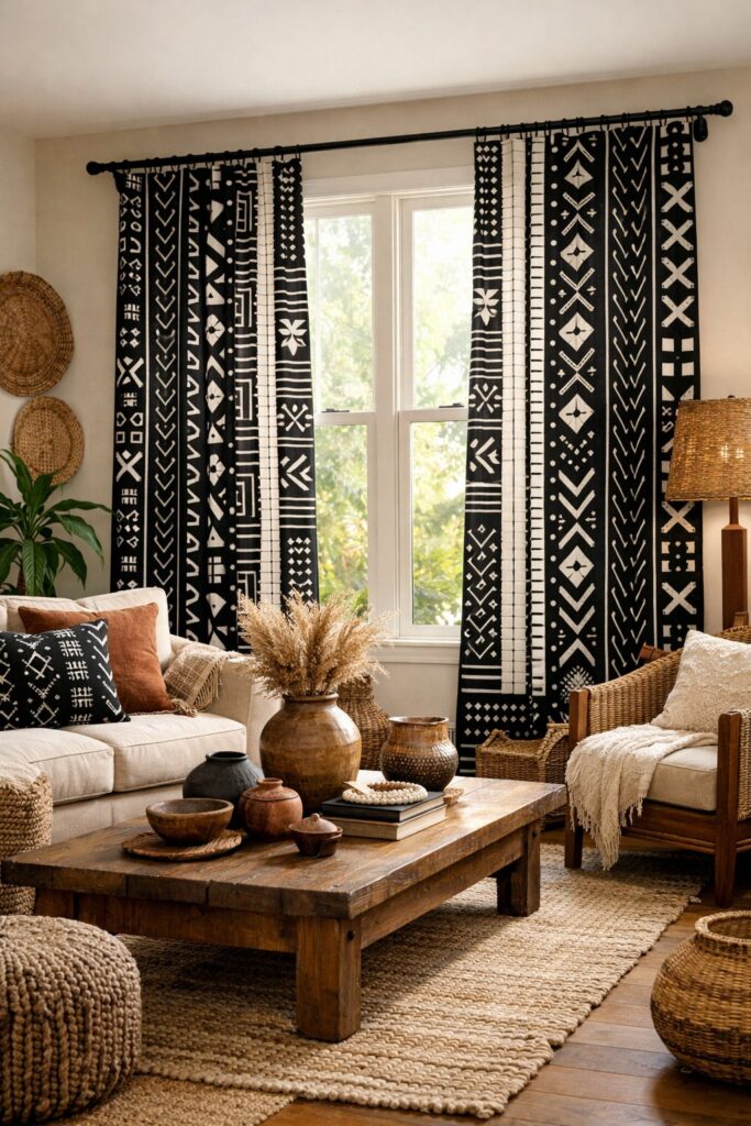 Include traditional mud cloth curtains