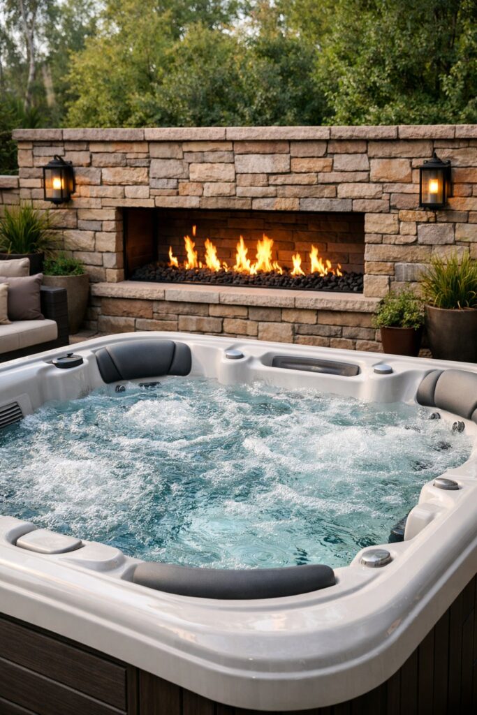 Fire pit inset into a stone wall backdrop surrounding a large hot tub
