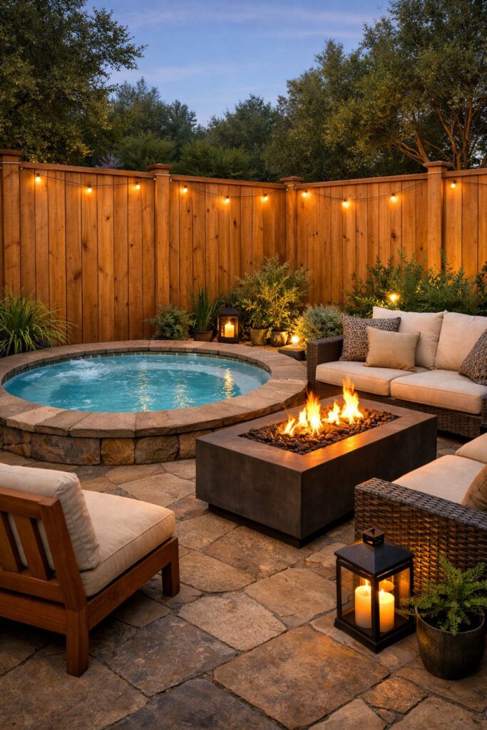 Natural wood privacy fence enclosing hot tub and fire pit area