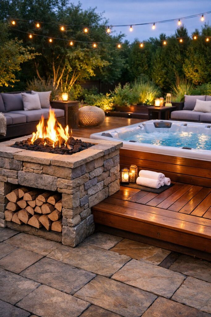 Fire pit with built-in wood storage beside a hot tub deck