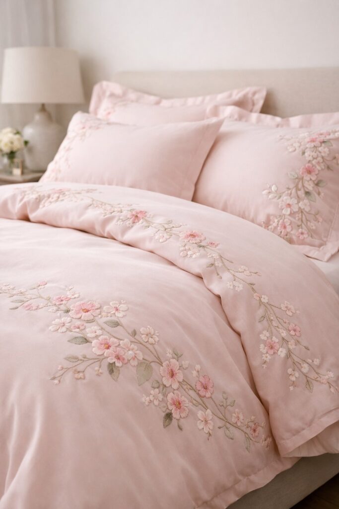 Blush pink bedding with embroidered floral details