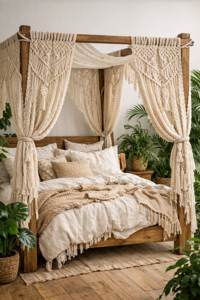 Bohemian canopy bed with macramé curtains and plants