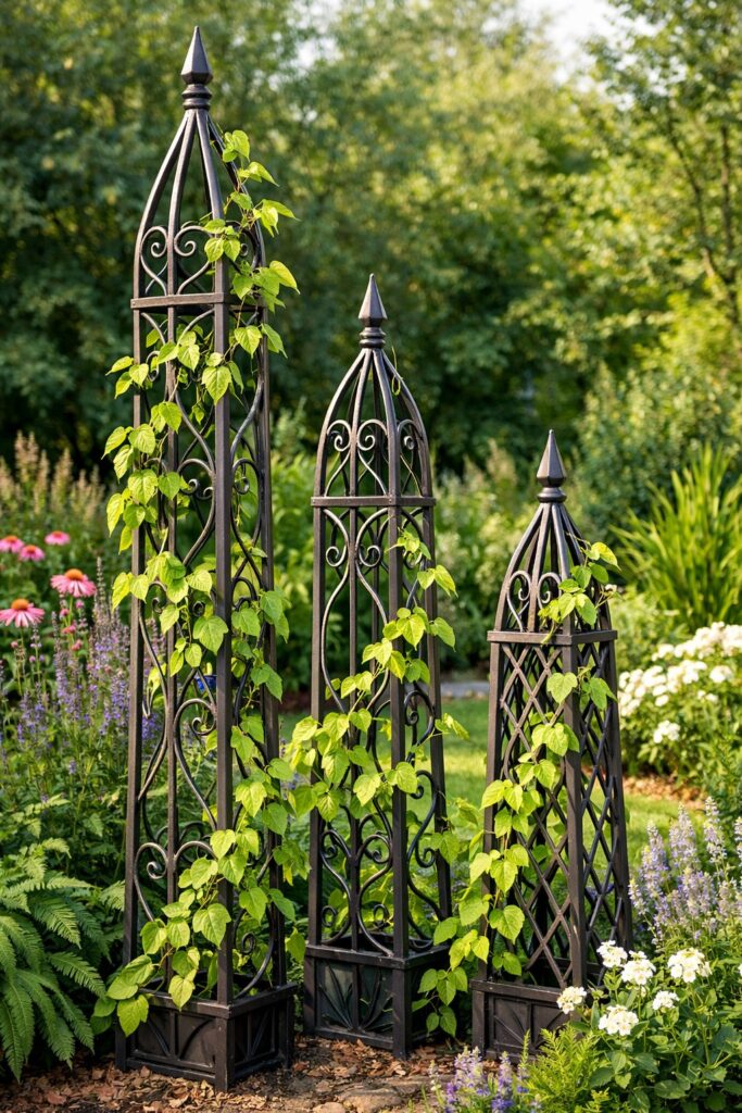 Decorative metalwork obelisks with climbing vines