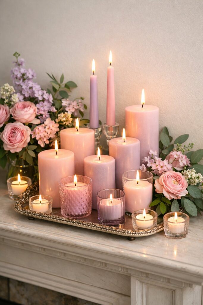 Display a mix of candles in soft pink and lavender hues