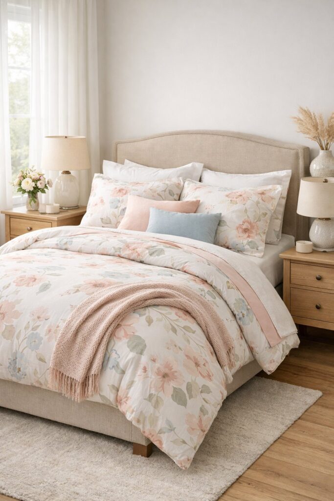Mix soft floral bedding with neutral furniture