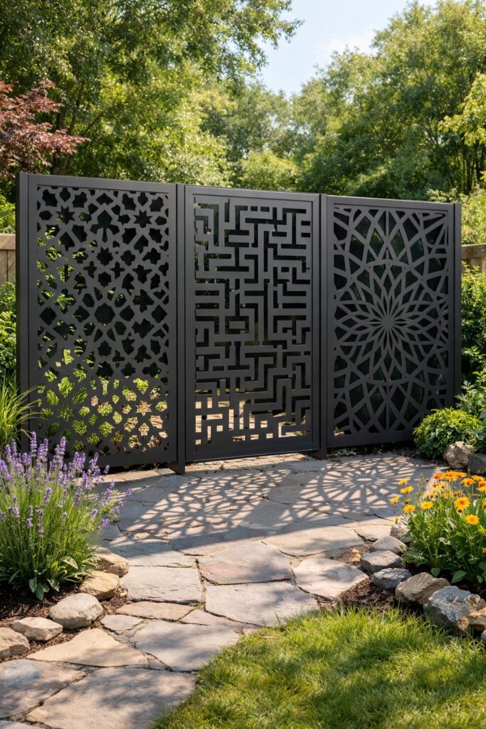 Modern metal privacy panels with geometric cutouts