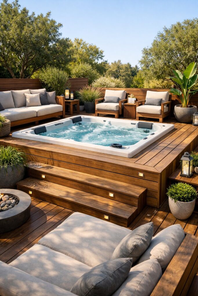 Multi-level deck with integrated hot tub