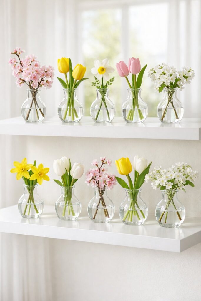 Place glass bud vases with fresh blooms on shelves