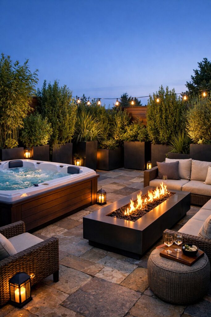 Privacy-enhanced layout with tall planters around hot tub and fire pit