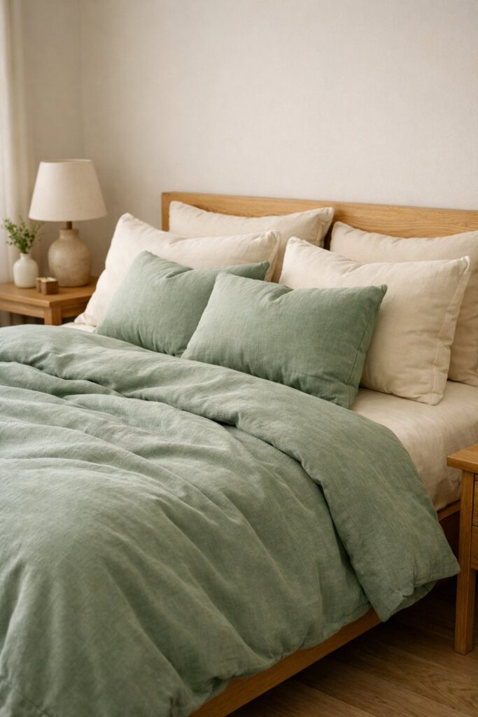 Sage green bedding with cream pillows