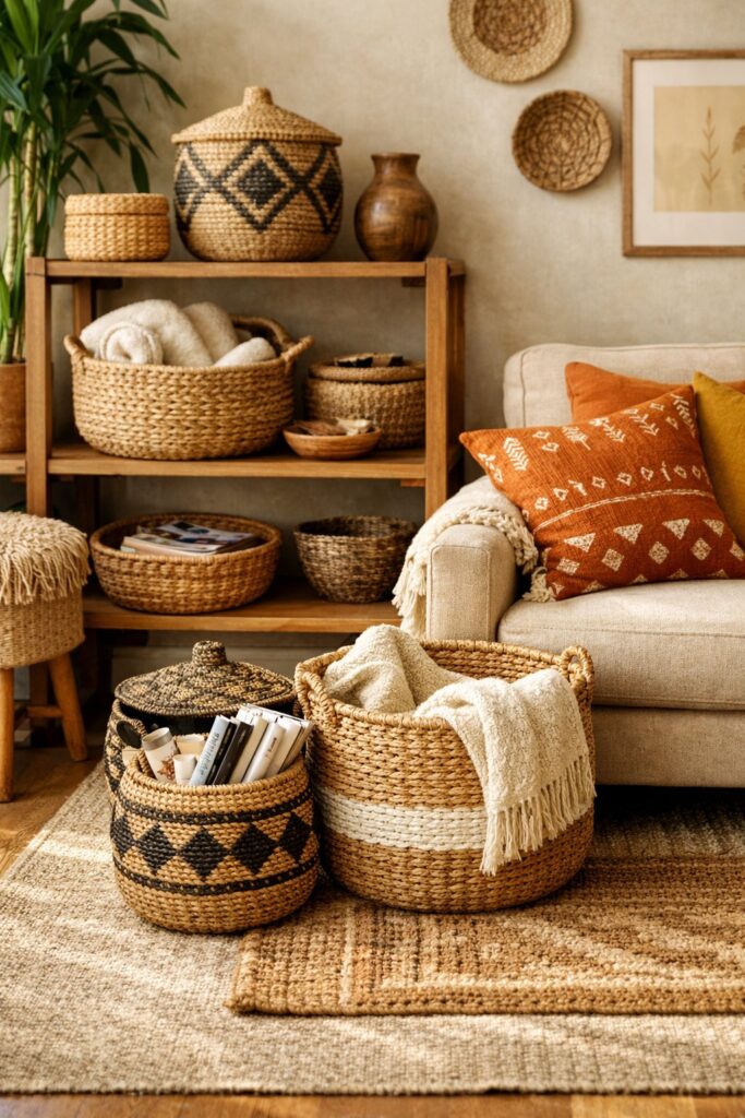 Use handcrafted woven baskets as decorative storage