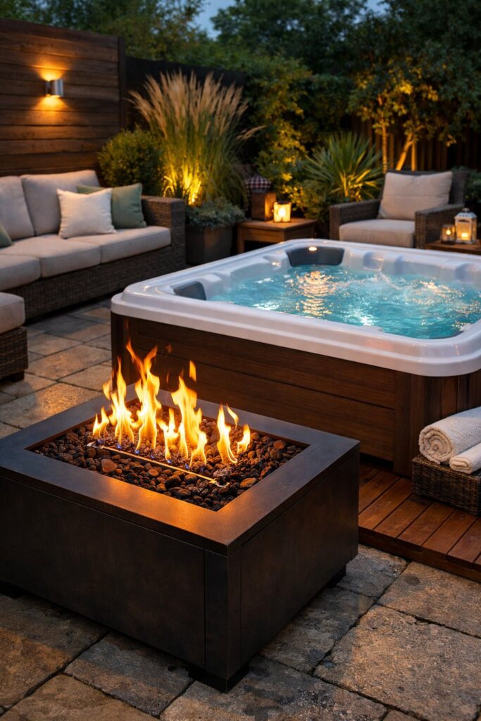 Backyard fire pit with adjustable flame height next to a hot tub