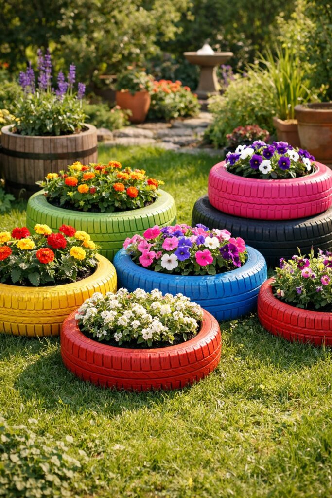 Alte Autoreifen als Blumenbeet upcyceln