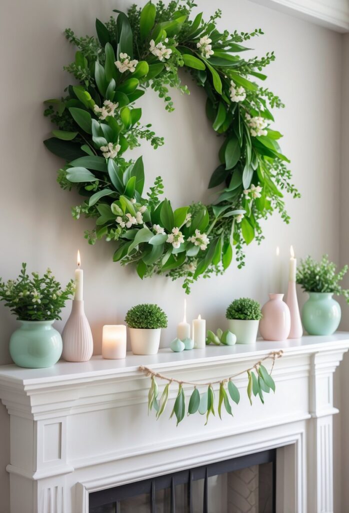 Add a greenery wreath above the mantel as a seasonal focal point