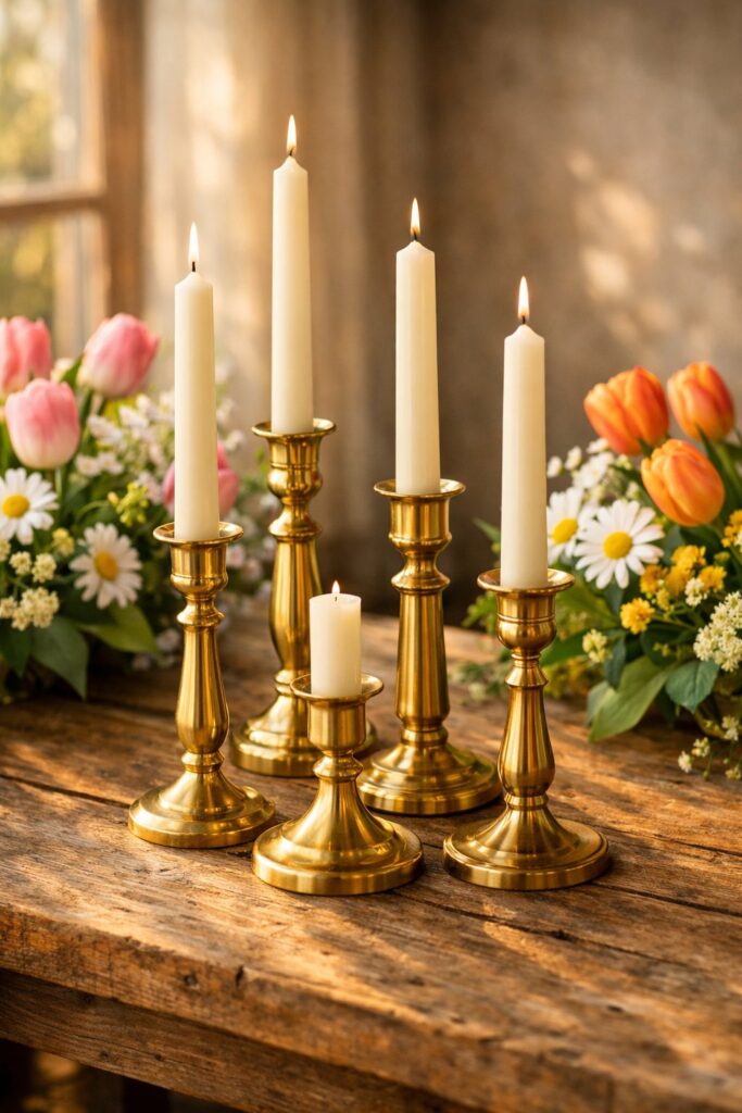 Arrange brass candlesticks to catch afternoon light