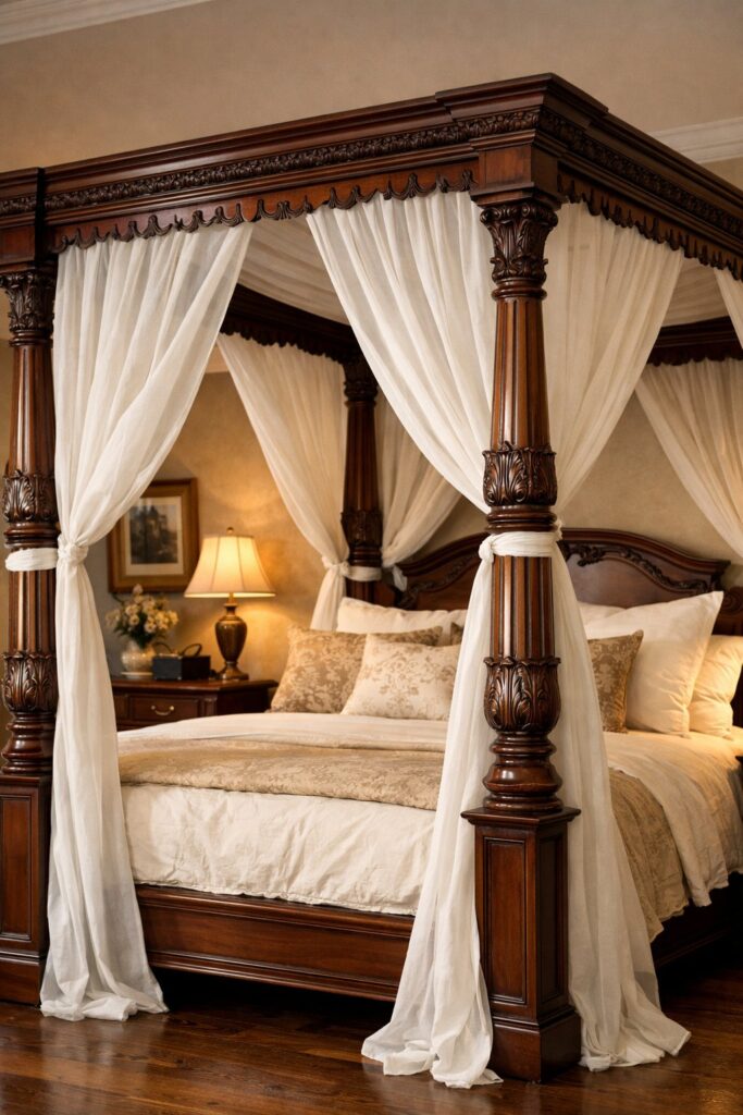Classic colonial-style canopy bed with carved wood posts