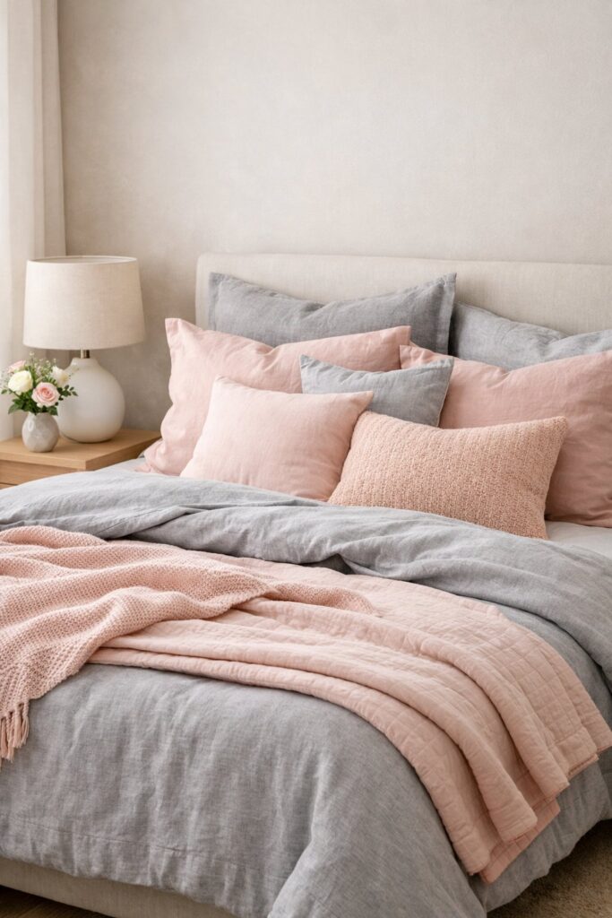 Combine pastel pinks and grays for a soft look