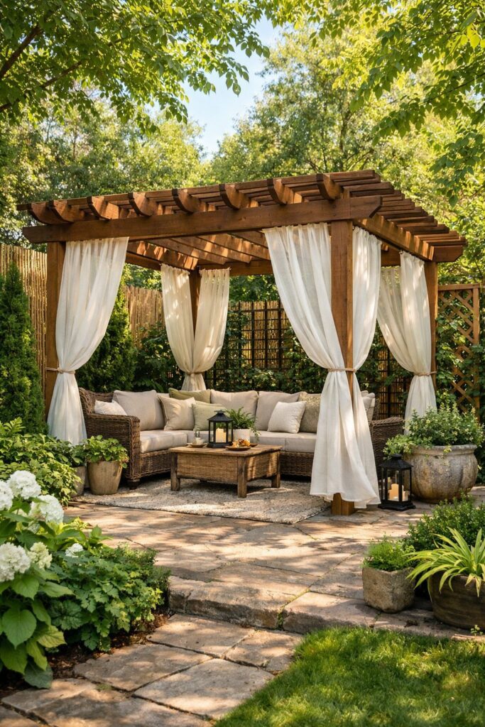 Freestanding pergolas with outdoor curtains