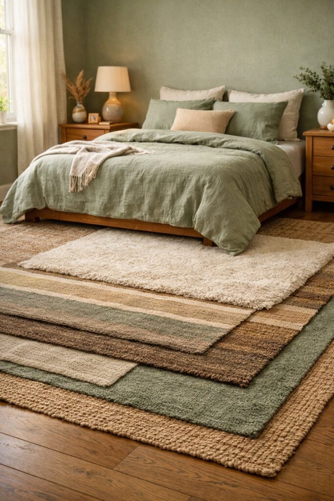 Layered rugs in earthy tones
