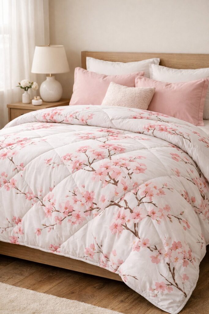 Pink and white cherry blossom print comforter
