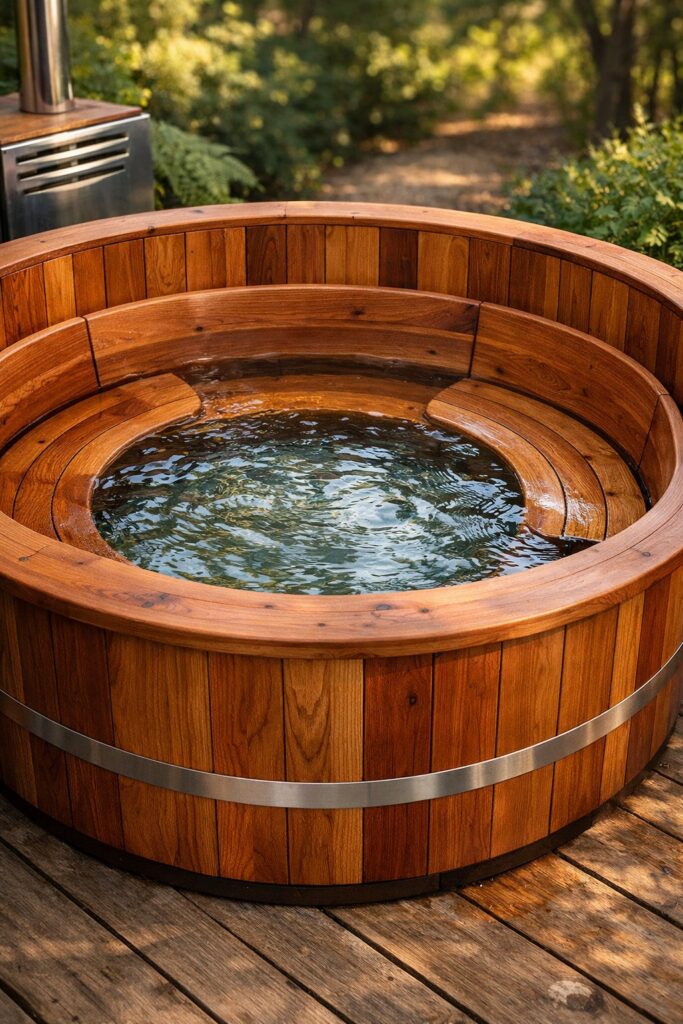 Round Cedar Hot Tub with Built-in Seating