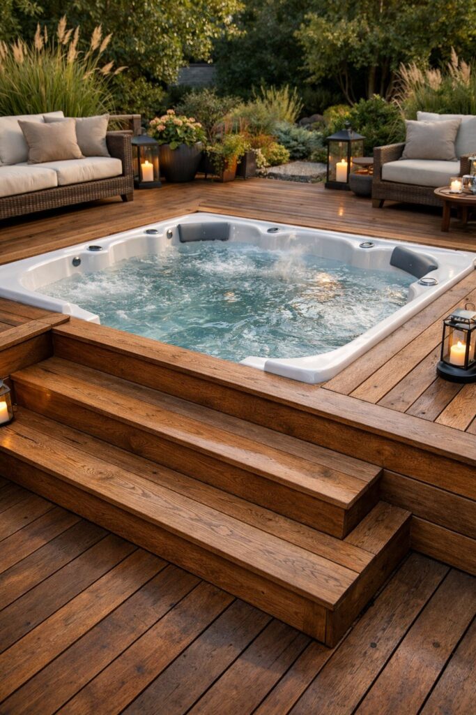 Sunken hot tub with stair-access steps