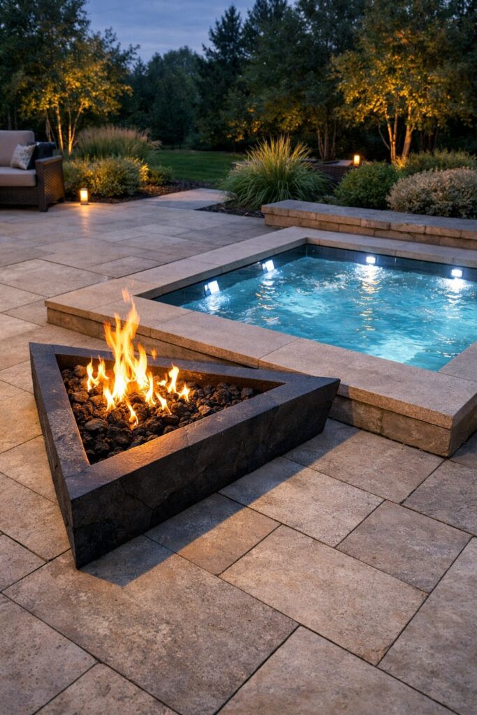 Triangular fire pit design next to limestone-colored stone patio and hot tub