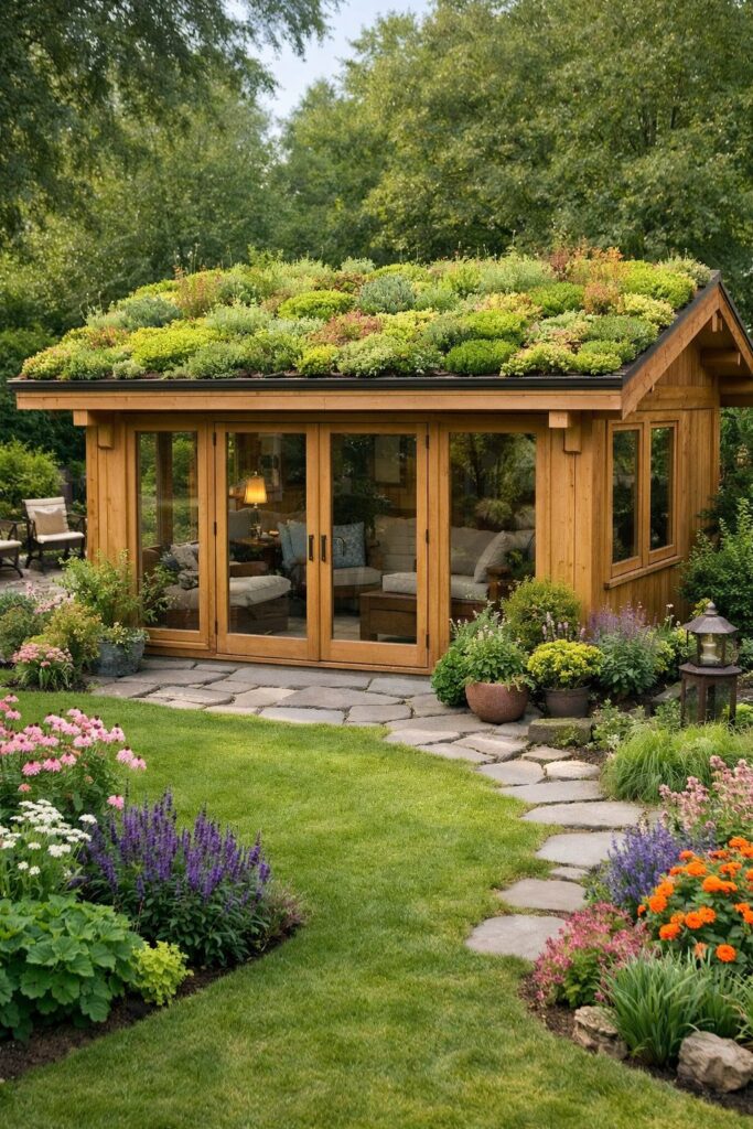 Gartenhaus mit begrüntem Dach
