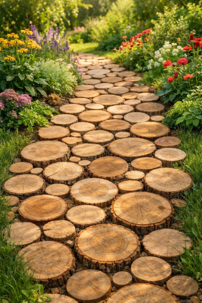 Pfad aus Holzscheiben