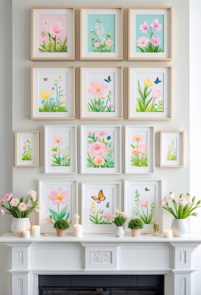 Arrange layered spring-themed art prints in varying sizes