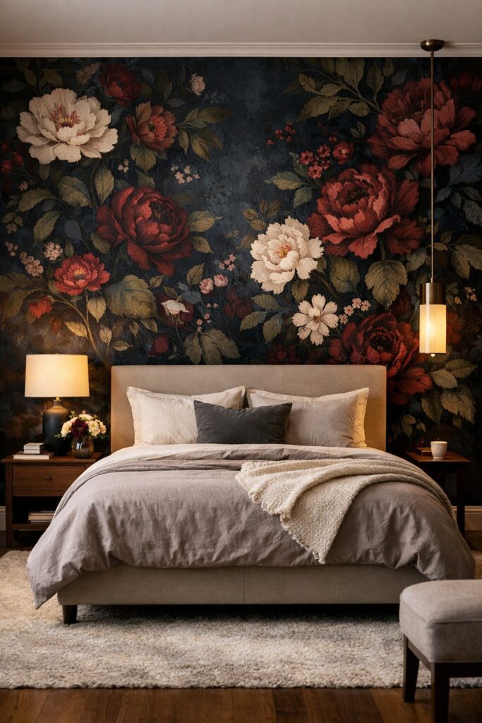 Create a dark floral accent wall for depth