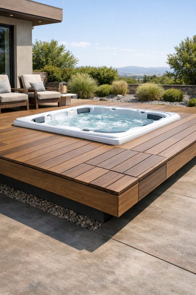 Floating wood platform with embedded hot tub