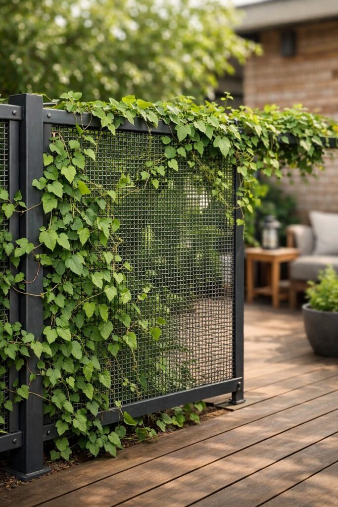 Metal mesh fence with climbing plants