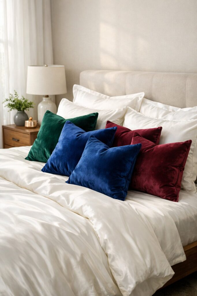 Mix velvet cushions with silky bed linens
