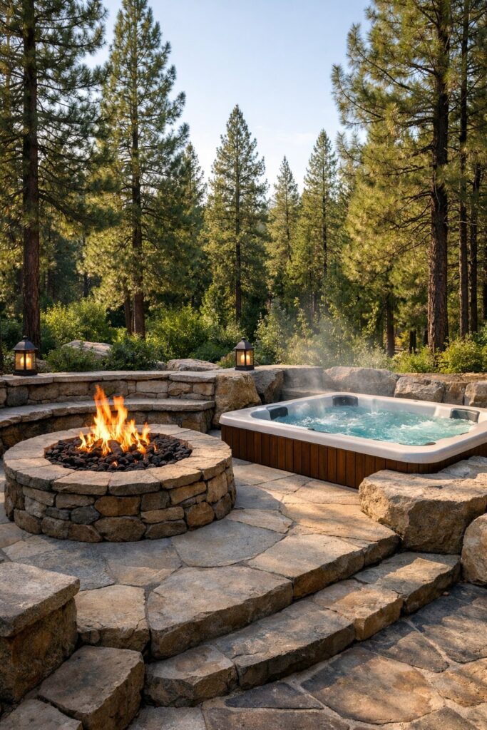 Natural stone patio with integrated fire pit and hot tub nestled among pine trees