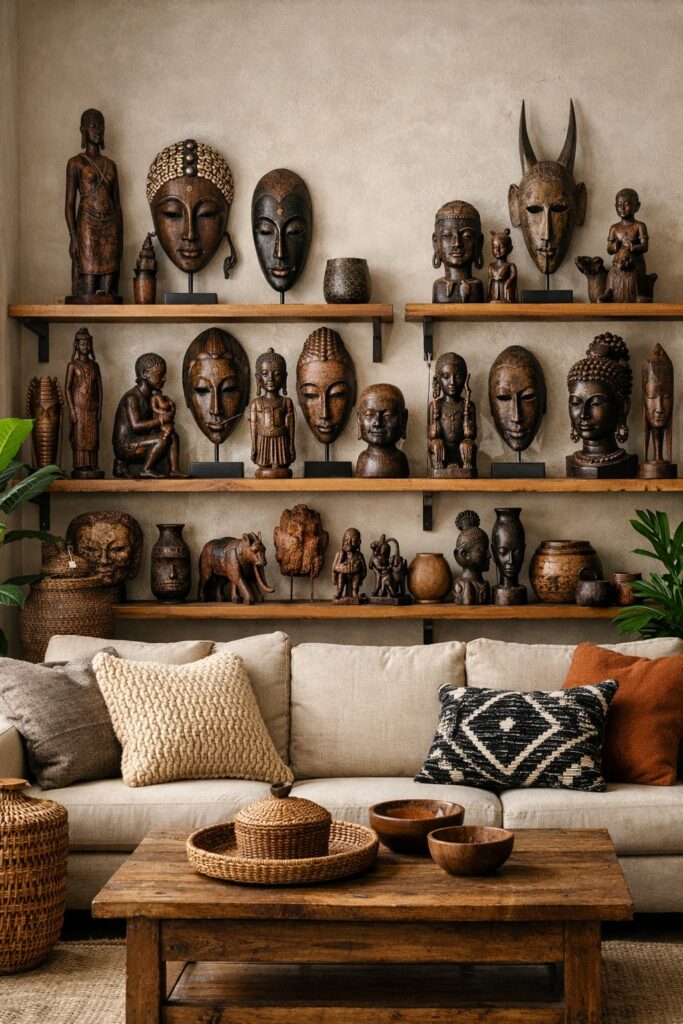 Place carved wooden sculptures or masks on shelves