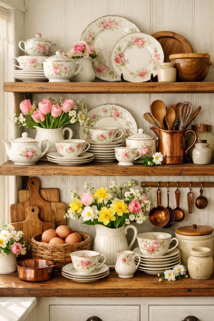 Showcase cottagecore china in open kitchen shelves