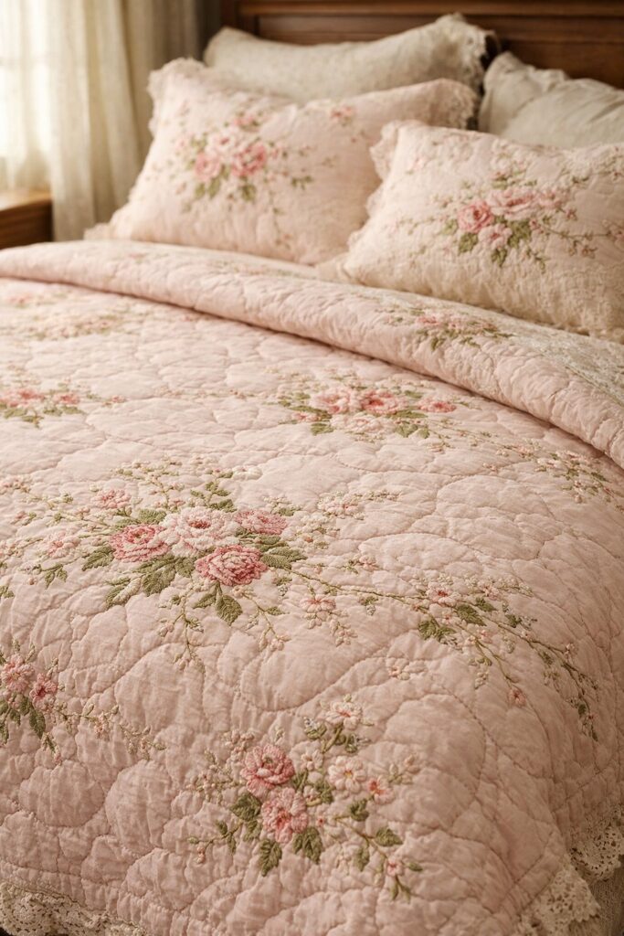 Soft Pink Embroidered Floral Quilt